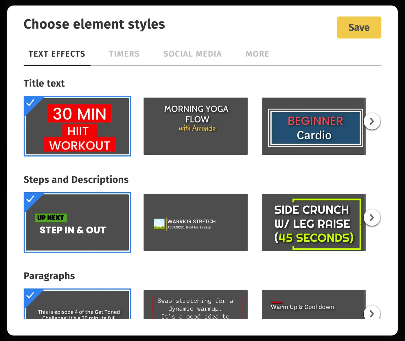 The Choose element styles screen, on the Text effects tab