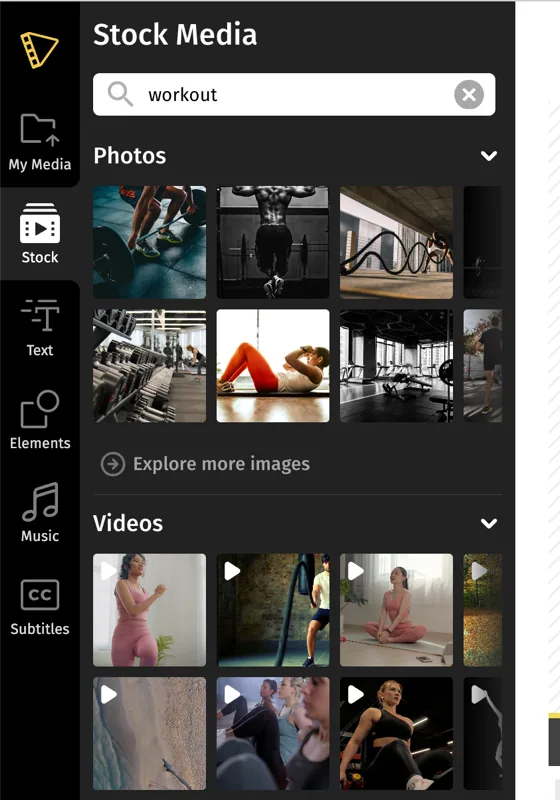 The Stock Media panel with a search for workout, showing Photos, Videos and Templates sections