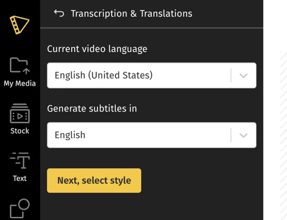 The Transcription and Translations step, with Current video language and Generate subtitles in dropdowns