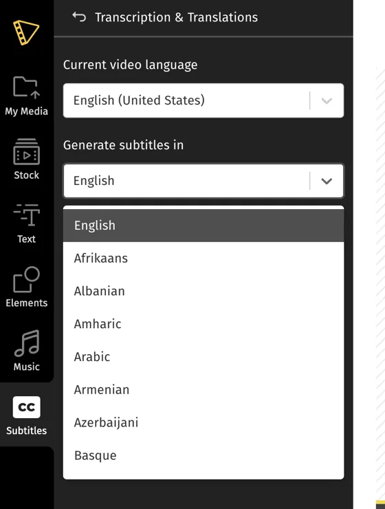 The Generate subtitles in dropdown expanded, showing Afrikaans, Albanian, Amharic, Arabic, Armenian, Azerbaijani and Basque