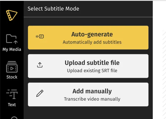 The Select Subtitle Mode panel offering Auto-generate, Upload subtitle file, and Add manually