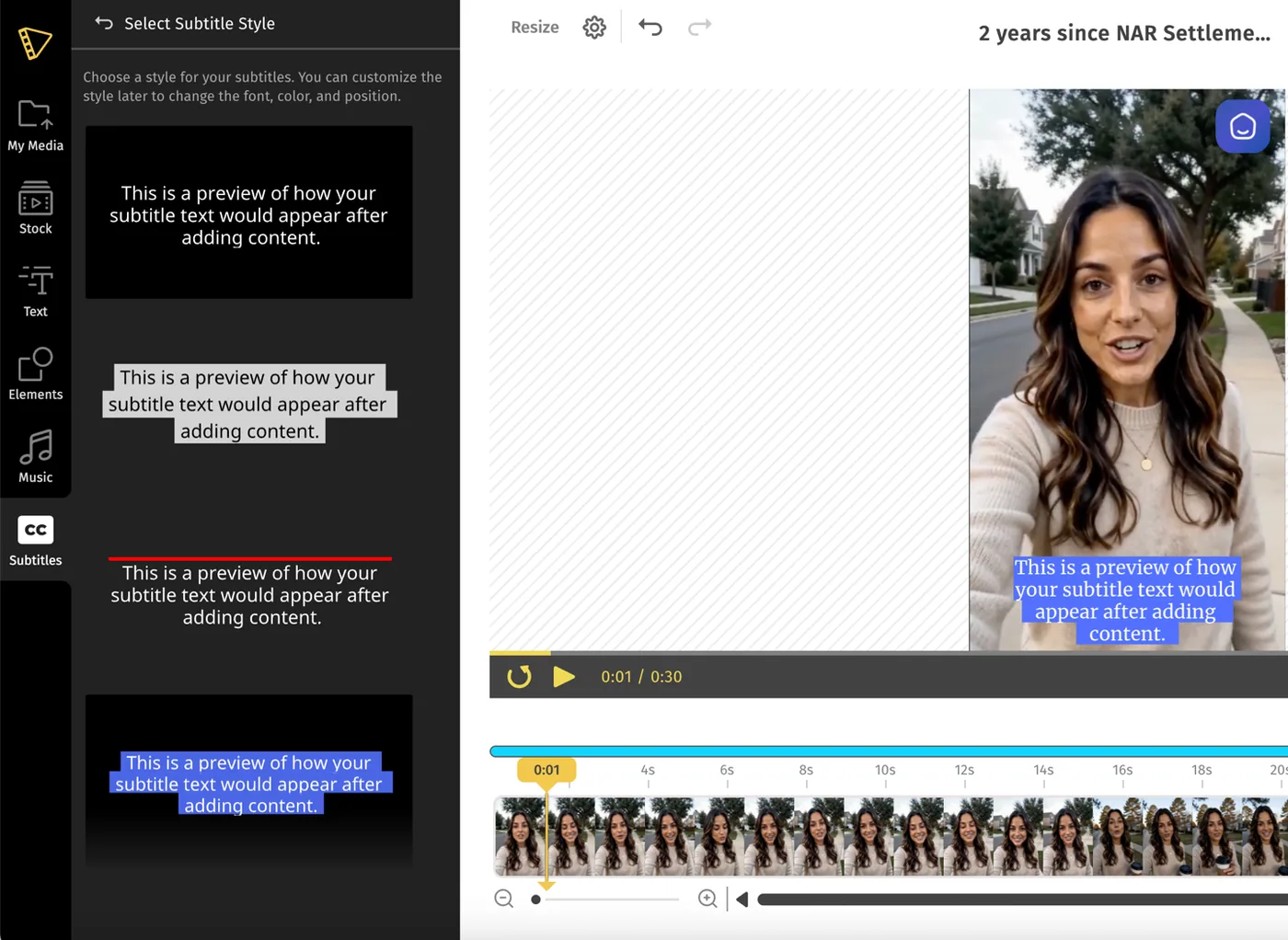 The Select Subtitle Style panel showing four caption styles previewed live on the video