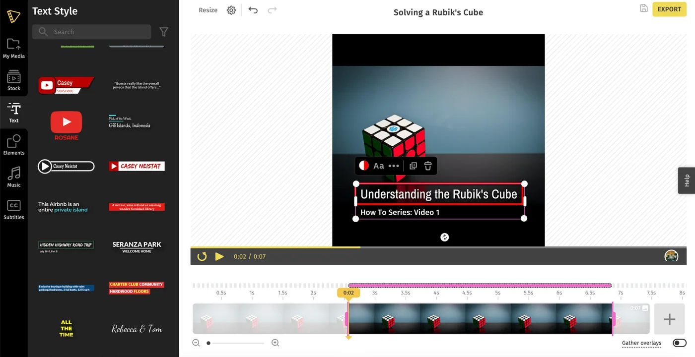 A text overlay selected on the canvas, with corner handles and the action bar above it
