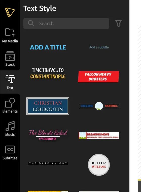 The Text Style panel open in the Typito editor, showing a grid of animated text styles