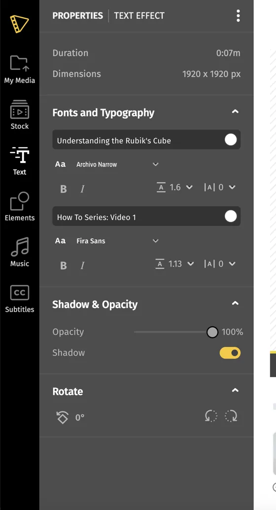 The Properties panel for a text effect, showing Fonts and Typography, Shadow and Opacity, and Rotate sections